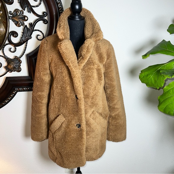 Sebby Women’s Camel Tan Teddy Bear Lined Topper Coat Medium - Picture 2 of 16